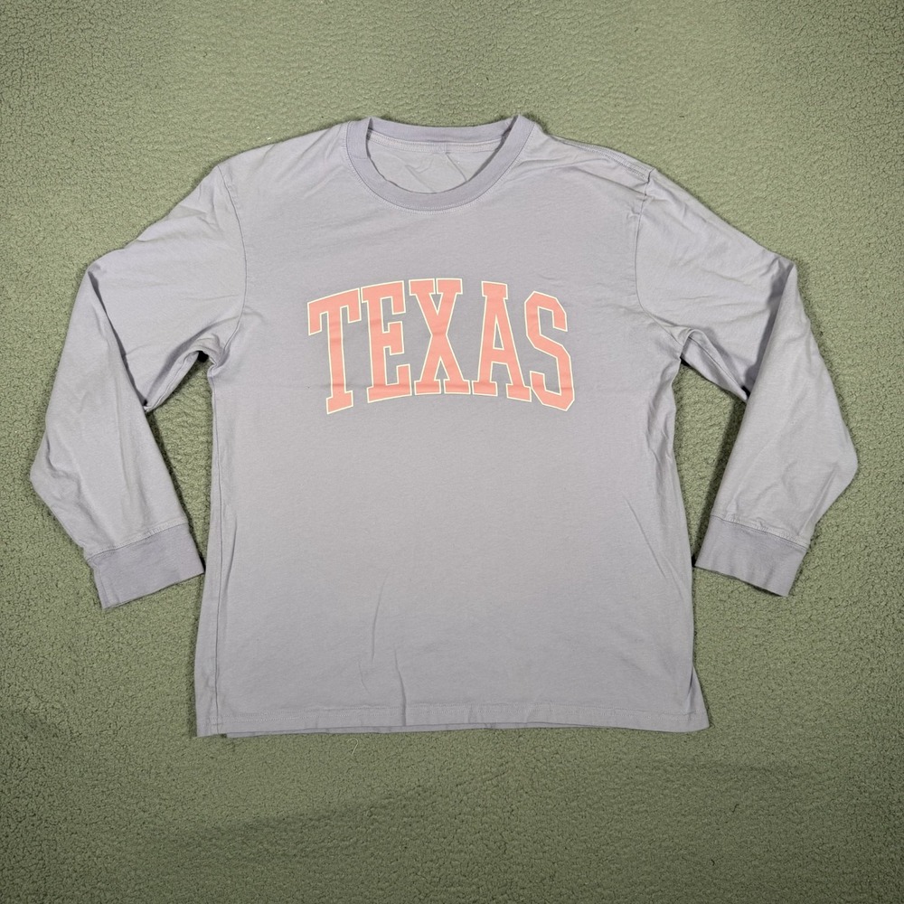 Texas Shirt Womens Large Purple Graphic Tee Spellout Destination Cotton Preppy